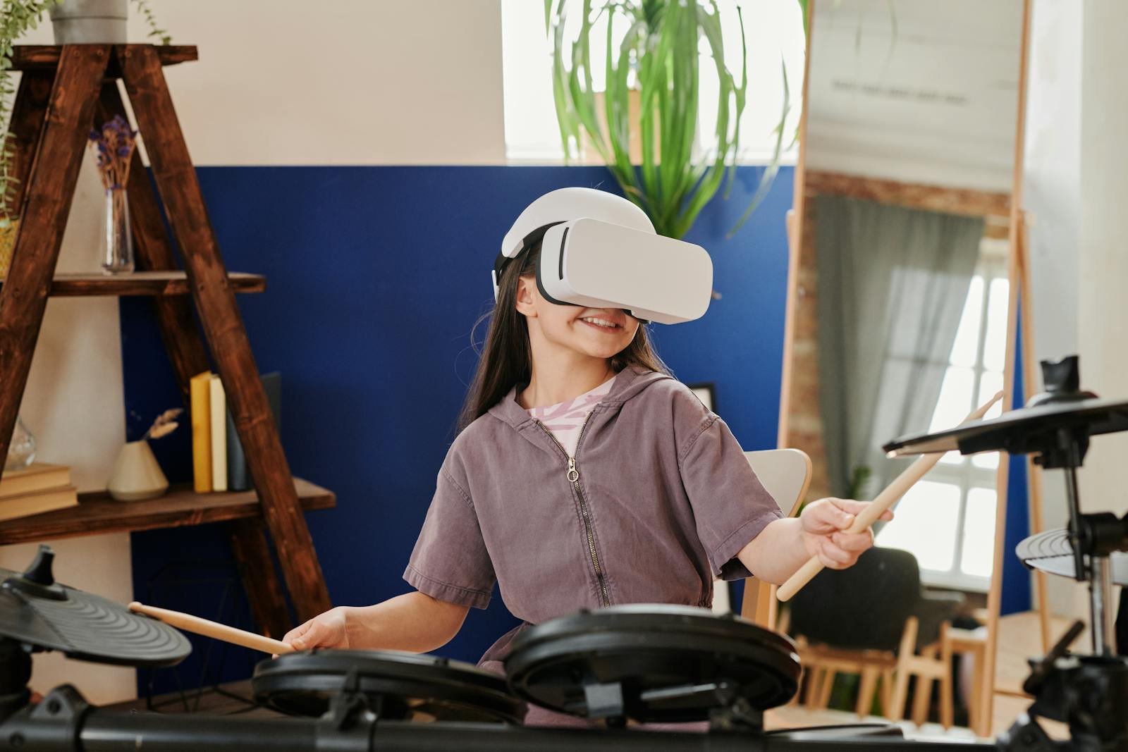 Girl Playing Drums Wearing Virtual Reality Googles